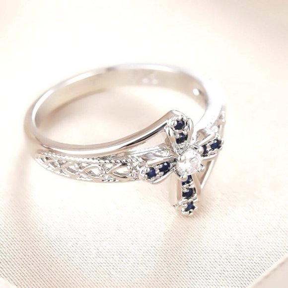 New Beautiful 925 Silver Sim. Blue Sapphire Diamond Ring - Picture 5 of 5